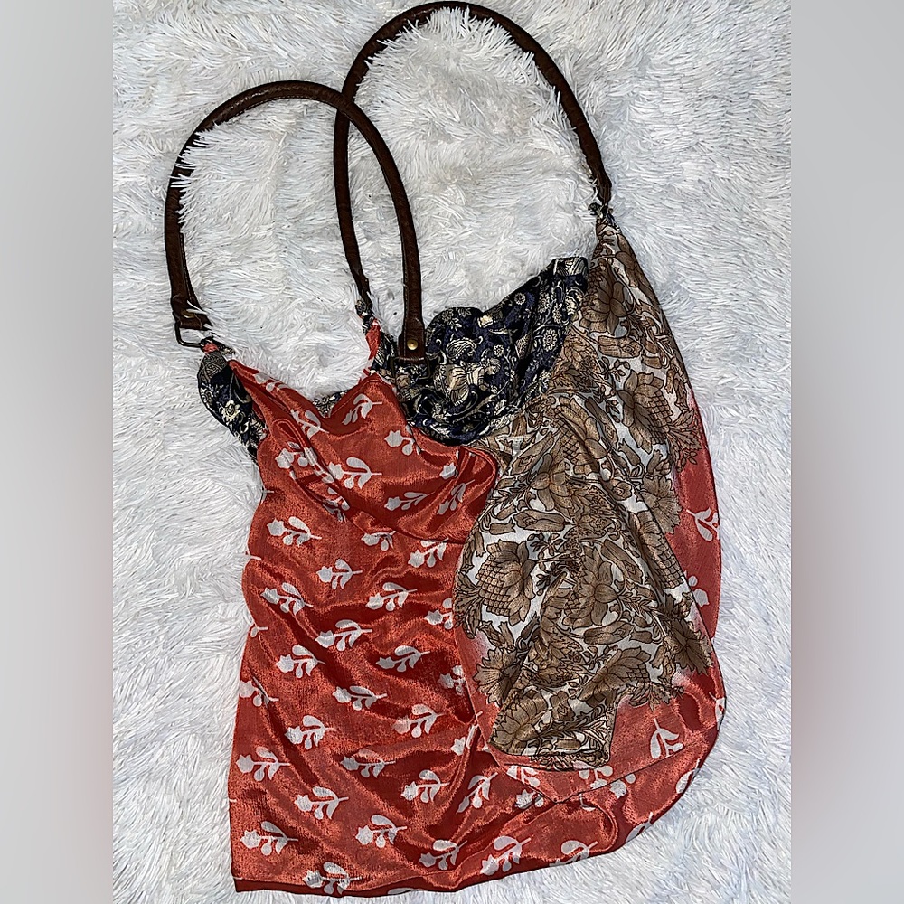 Vintage, reversible silk, leather handles, multi-color & design handbag